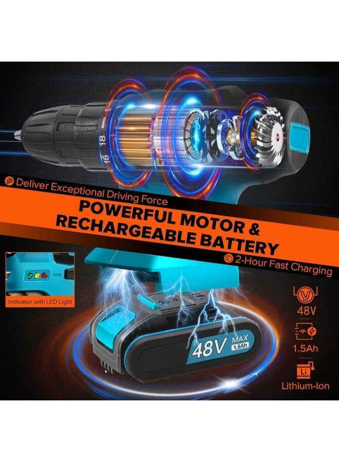 ALongDeng 48V Cordless Drill Set Power Drill Kit with 2 Pcs Battery 25 Position 2 Variable Speed 3/8'' Keyless Chuck Fast Charger and 33 Pcs Accessories with Case - Image 4